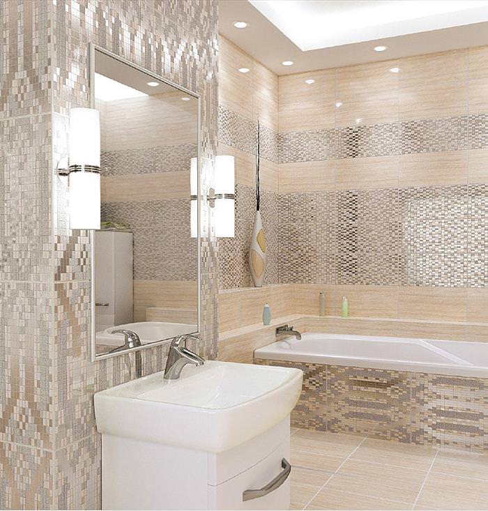 Плитка бежева керамічна настінна і підлогова в інтерєрі ванної, кухні .